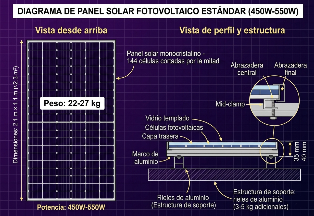 Diagrama de panel solar fotovoltaico con peso, dimensiones y estructura de soporte